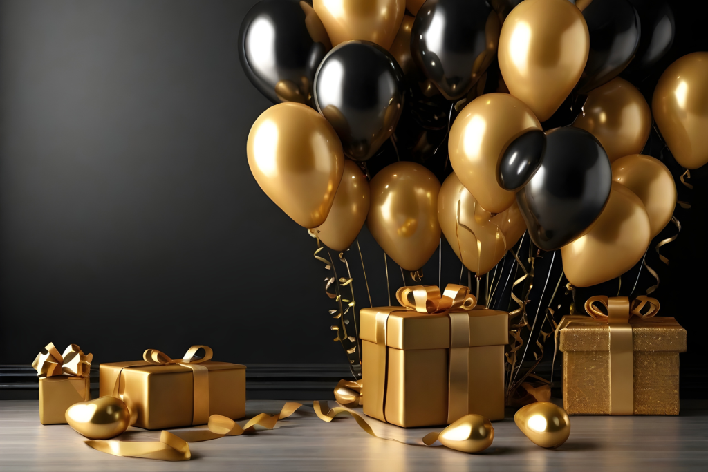 invitacion-digital-cumple-black-and-gold-fotografia-regalos-dorados-con-globos-dorados-y-negros