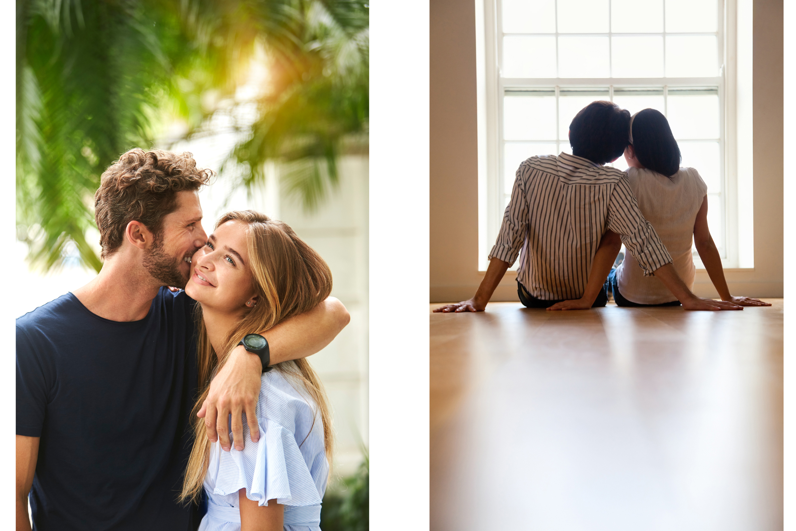 invitacion-digital-boda-rose-pink-fotos-pareja-abrazo-fondo-palmeras-foto-pareja-sentada-en-el-piso