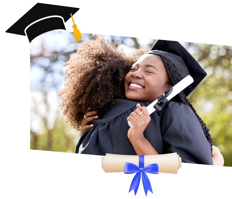invitacion-digital-gradua-classic-white-fotografia-abrazo-con-toga-diseno-birrete-esquina-superior-izquierda-diploma-al-centro-abajo