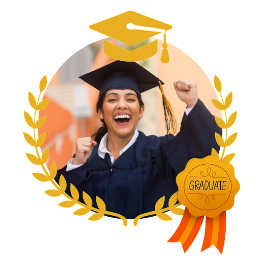 invitacion-digital-gradua-classic-white-fotografia-circular-mujer-celebrando-con-toga-diseno-medalla-birrete-y-hojas-doradas-1