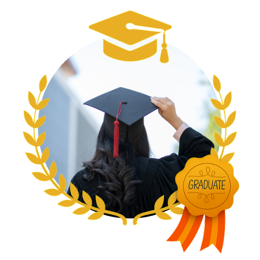 invitacion-digital-gradua-classic-white-fotografia-circular-mujer-con-toga-de-espaldas-diseno-medalla-birrete-y-hojas-doradas