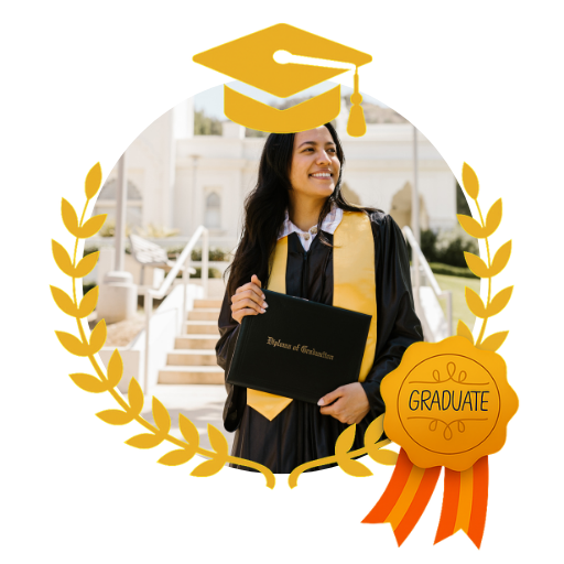 invitacion-digital-gradua-classic-white-fotografia-circular-mujer-con-toga-diseno-medalla-birrete-y-hojas-doradas-1