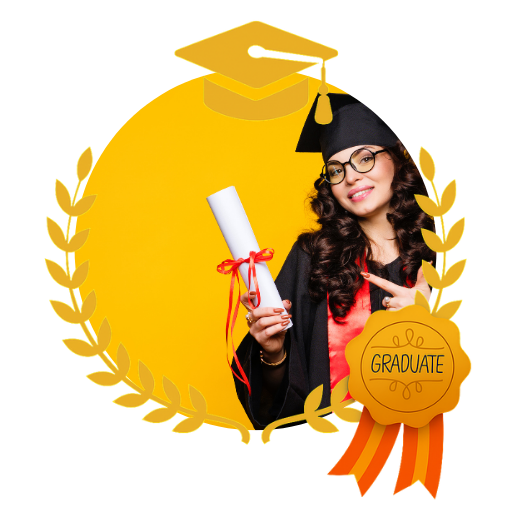 invitacion-digital-gradua-classic-white-fotografia-circular-mujer-con-toga-fondo-amarillo-diseno-medalla-birrete-y-hojas-doradas