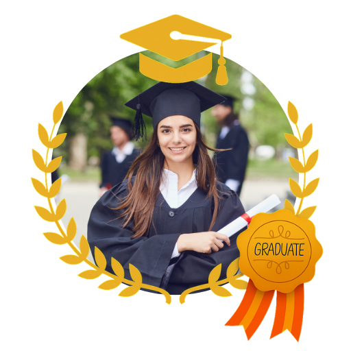 invitacion-digital-gradua-classic-white-fotografia-circular-mujer-con-toga-fondo-difuminado-arboles-diseno-medalla-birrete-y-hojas-doradas