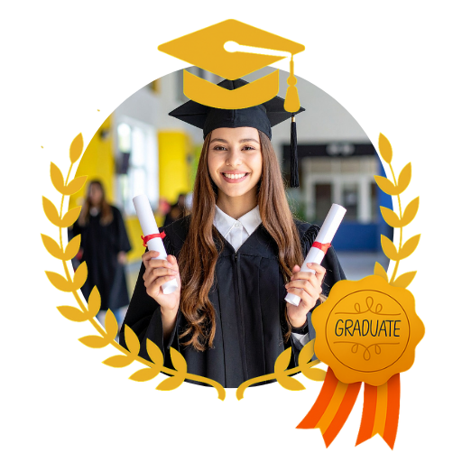 invitacion-digital-gradua-classic-white-fotografia-circular-mujer-con-toga-y-birrete-con-dos-diploas-diseno-medalla-birrete-y-hojas-doradas