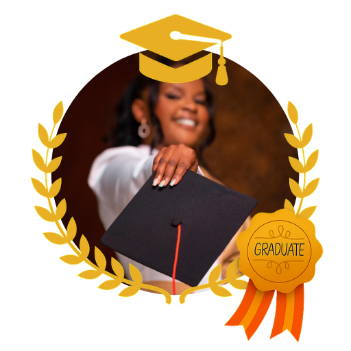 invitacion-digital-gradua-classic-white-fotografia-circular-mujer-sosteniendo-birrete-diseno-medalla-birrete-y-hojas-doradas
