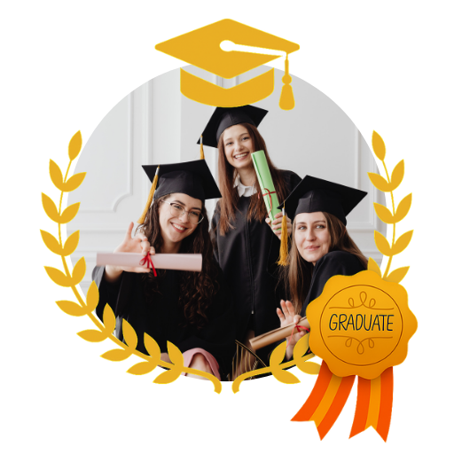 invitacion-digital-gradua-classic-white-fotografia-circular-tres-mujeres-contoga-sosteniendo-diploma-diseno-medalla-birrete-y-hojas-doradas-3