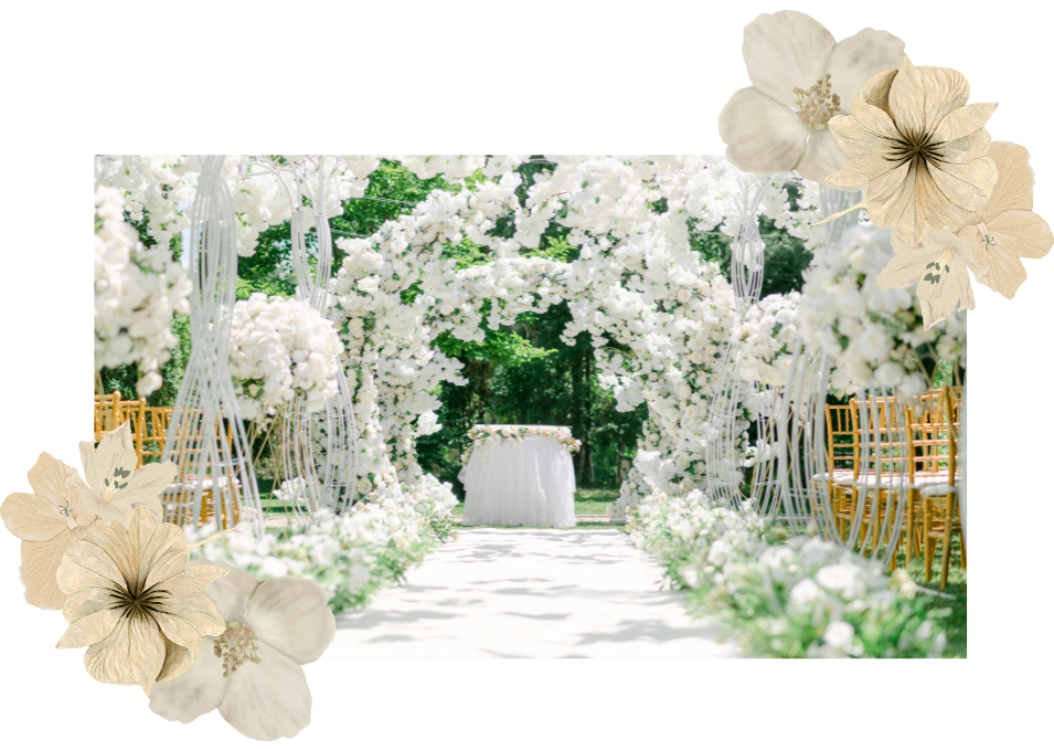 invitacion-digital-boda-garden-foto-pasillo-flores-blancas-jardin-mesa-redonda-sillas-doradas-marco-esquinas-flores