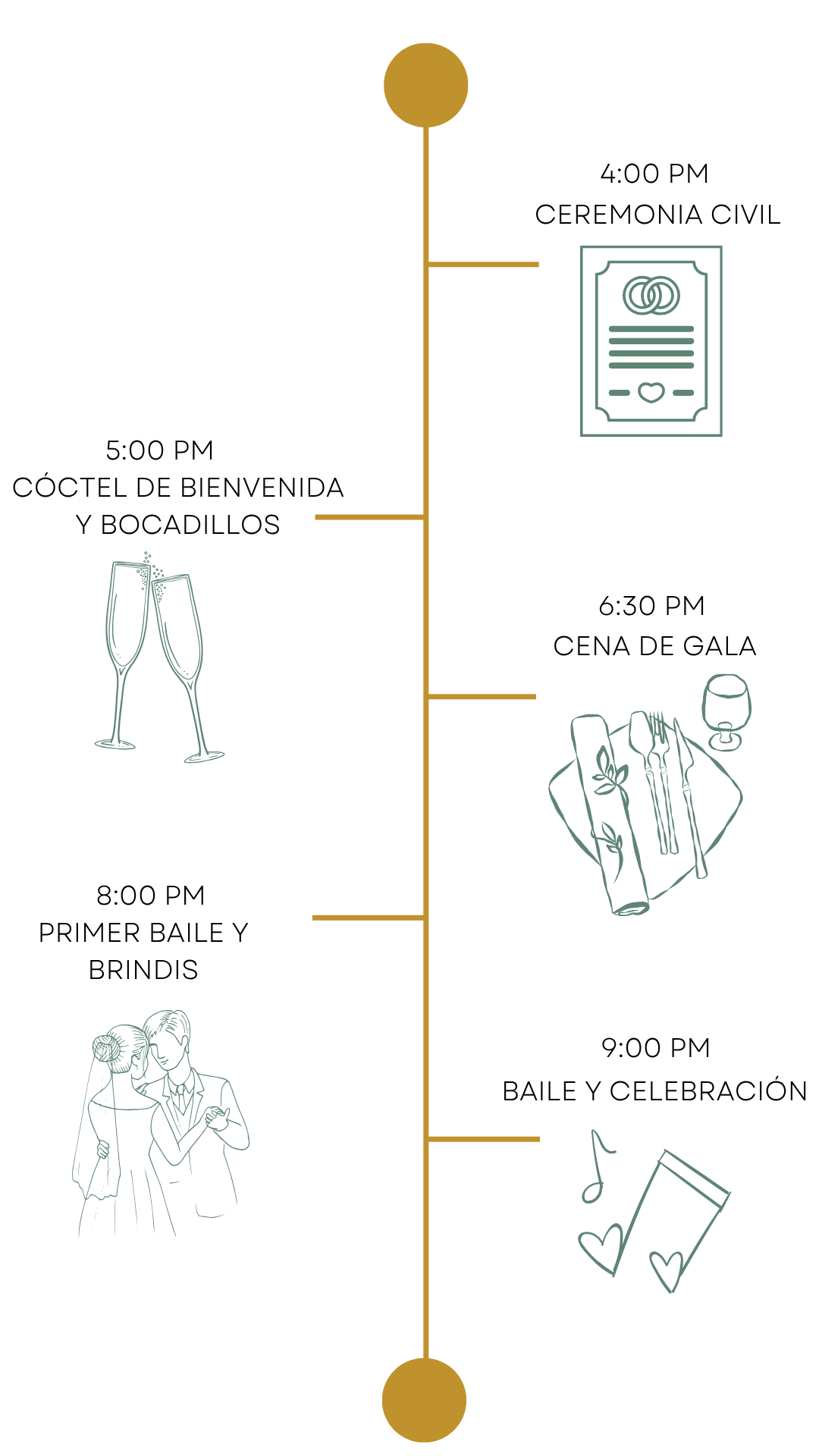 invitacion-digital-boda-garden-itinerario-vertical-linea-central-dorada-letras-negra-iconos-verde-copas-certificado-comida-pareja-notas-musicales