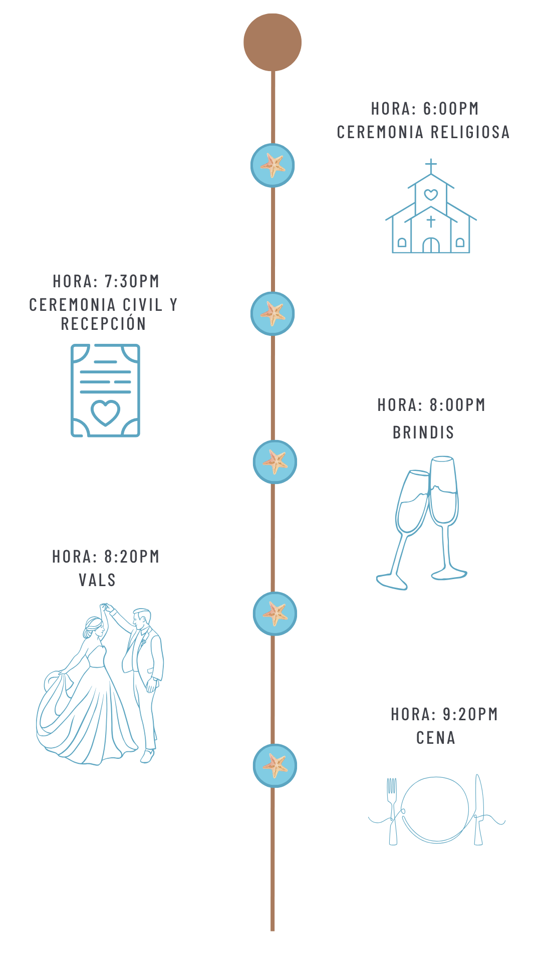 invitacion-digital-boda-ocean-itinerario-vertical-con-iglesia-hoja-corazon-copas-pareja-bailando-hora-de-comida